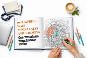 Detailed flat lay of a professional engaging in mindfulness and coloring; hands are shown carefully filling a heart-shaped floral design in a Medeea Publishing book, surrounded by artist pencils, a white tea cup, and glasses on a minimalist white background.