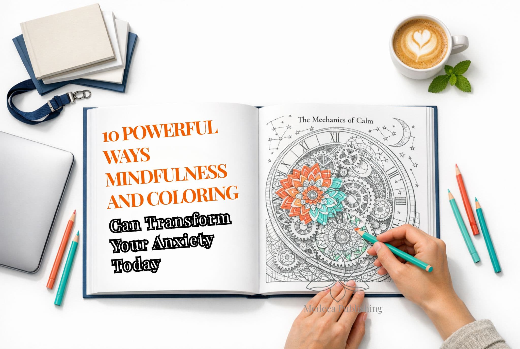 Detailed flat lay of a professional engaging in mindfulness and coloring; hands are shown carefully filling a heart-shaped floral design in a Medeea Publishing book, surrounded by artist pencils, a white tea cup, and glasses on a minimalist white background.