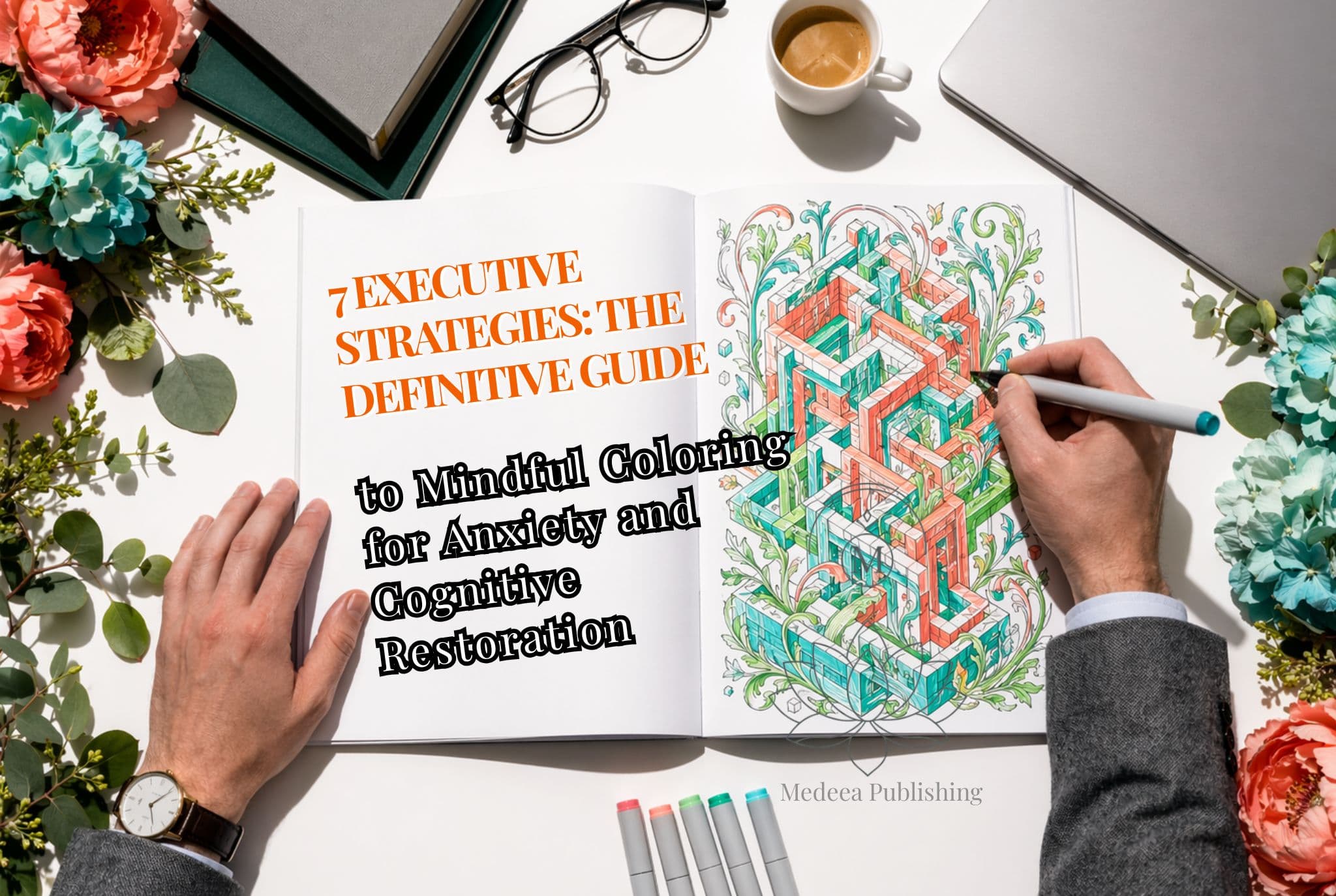 High-end flat lay shot of a person practicing mindful coloring for anxiety using a Medeea Publishing book; hands are coloring a detailed floral lily design with a turquoise pencil, accompanied by a white tea cup and glasses on a bright, minimalist background.