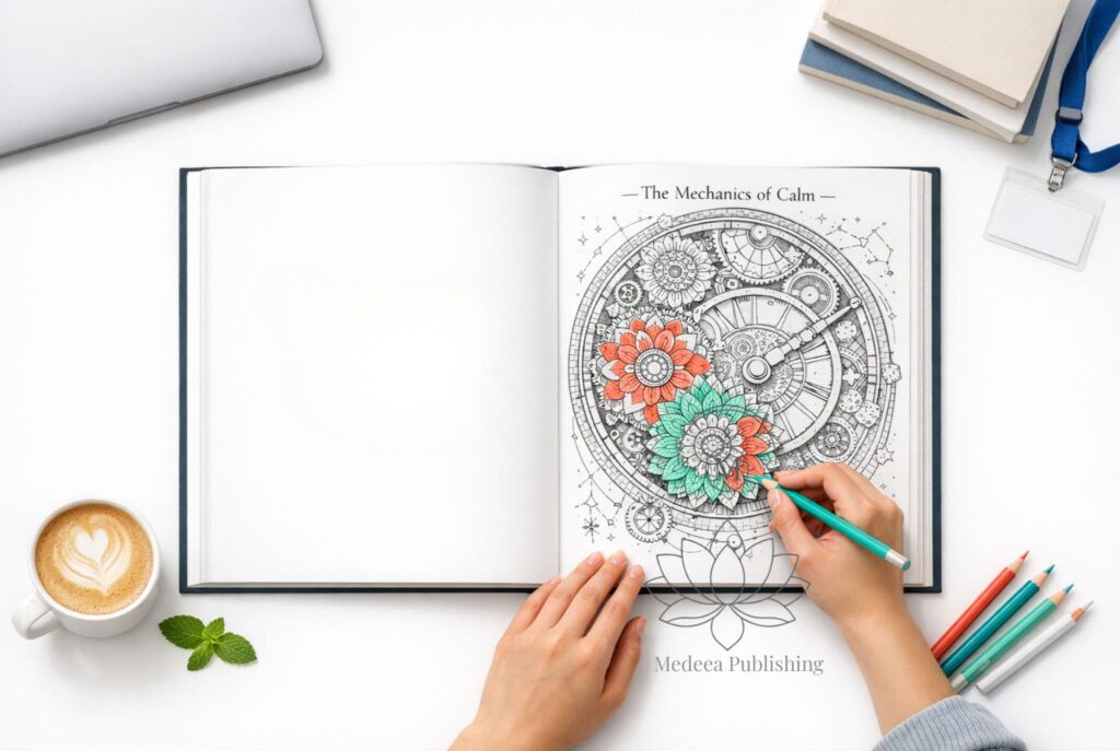 High-quality flat lay photography of a professional practicing mindfulness techniques for anxiety; features hands coloring an intricate floral heart in a Medeea Publishing book, a white ceramic cup of eucalyptus tea, and designer glasses on a bright white background.