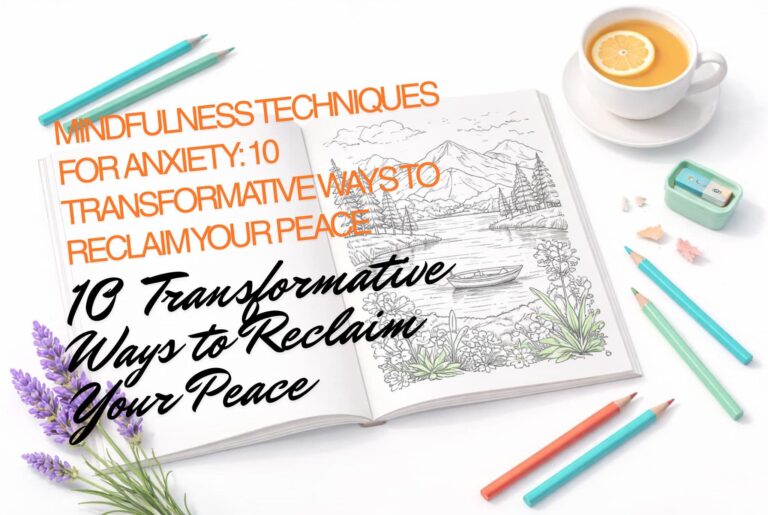 Alt Text: A flat-lay image of an open Medeea Publishing coloring book featuring a serene mountain and lake landscape, surrounded by colored pencils, lavender, and a cup of tea, illustrating Mindfulness Techniques for Anxiety.