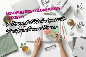 A professional top-down flat lay showing a person engaged in mindfulness coloring for anxiety using a Medeea Publishing book. The scene includes a partially colored heart-shaped lily design, professional turquoise pencils, glasses, and a calming cup of tea on a white, minimalist background.