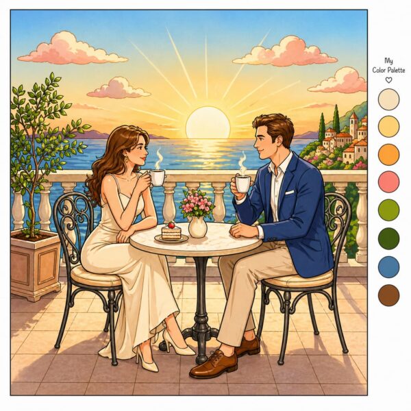 Cozy cafe coloring book colored example featuring couple enjoying coffee at sunset by the sea