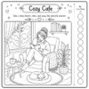 Cozy cafe coloring book cozy indoor reading scene with armchair cat and palette circles