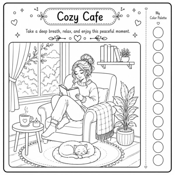 Cozy cafe coloring book cozy indoor reading scene with armchair cat and palette circles