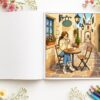 Open cozy cafe coloring book showing a relaxing coffee shop scene with color palette and pencils in a soft aesthetic setup