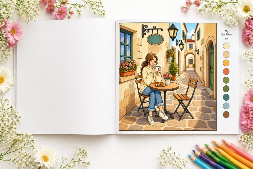 Open cozy cafe coloring book showing a relaxing coffee shop scene with color palette and pencils in a soft aesthetic setup