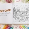 Open cozy cafe coloring book showing title page and romantic cafe line art scene with palette circles