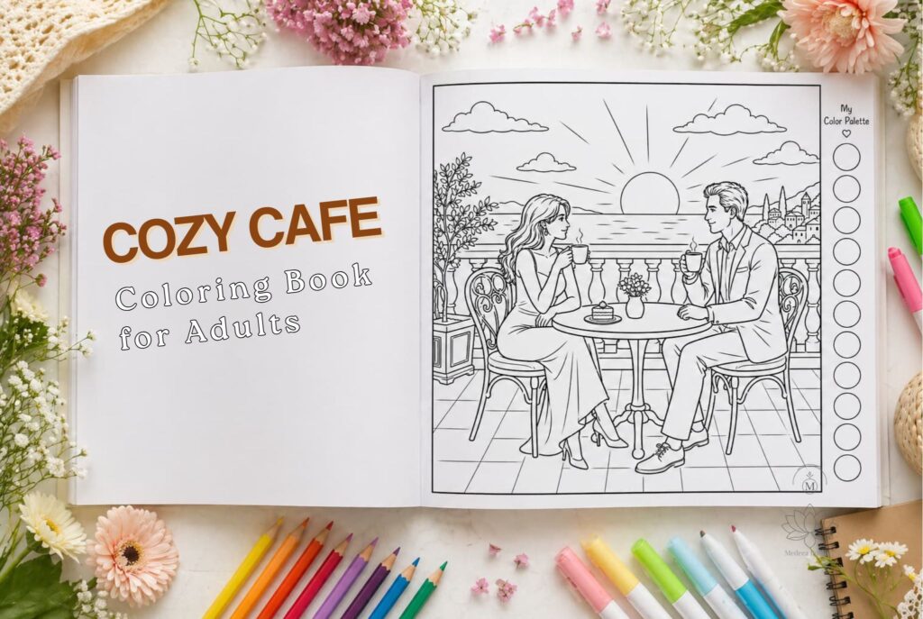 Open cozy cafe coloring book showing title page and romantic cafe line art scene with palette circles