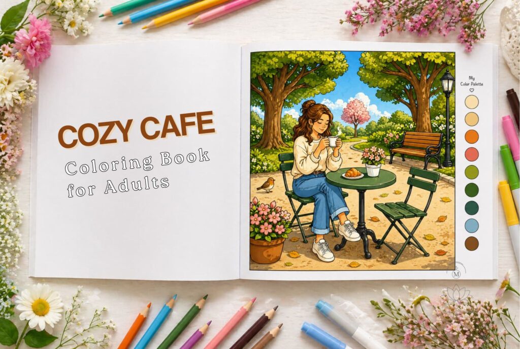 Open cozy cafe coloring book showing a relaxing outdoor park cafe scene with color palette and colored pencils in a bright aesthetic setup