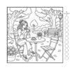 Cozy cafe coloring book outdoor park scene with woman drinking coffee and palette circles