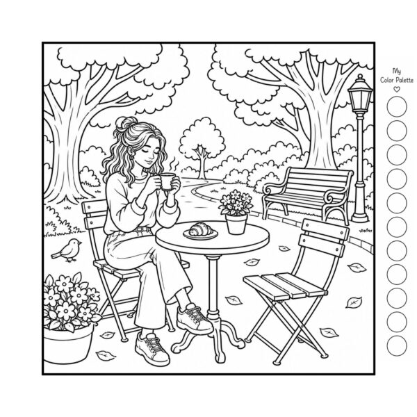 Cozy cafe coloring book outdoor park scene with woman drinking coffee and palette circles