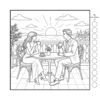 Cozy cafe coloring book romantic couple drinking coffee by the sea line art page