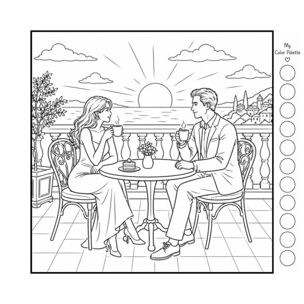 Cozy cafe coloring book romantic couple drinking coffee by the sea line art page