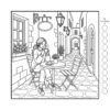 Cozy cafe coloring book European street cafe scene with detailed architecture and palette guide