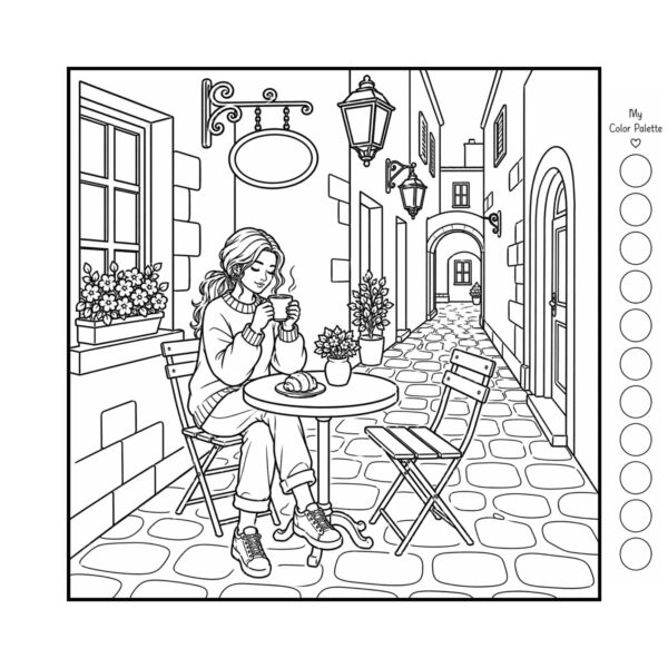 Cozy cafe coloring book European street cafe scene with detailed architecture and palette guide
