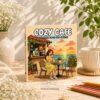 Cozy cafe coloring book for adults displayed on a wooden table with coffee and colored pencils in a warm aesthetic setting