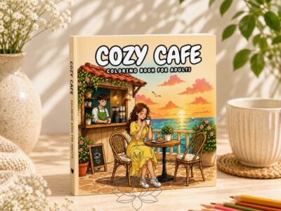 Cozy cafe coloring book for adults displayed on a wooden table with coffee and colored pencils in a warm aesthetic setting