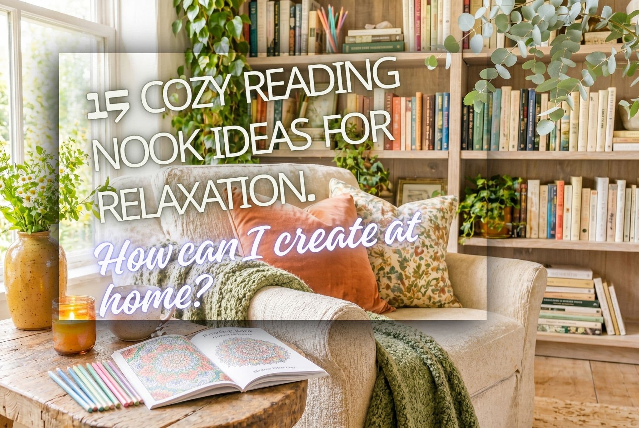 A young woman relaxing in a cozy reading nook ideas setup, wrapped in a green knit blanket on a window seat during a bright winter day.