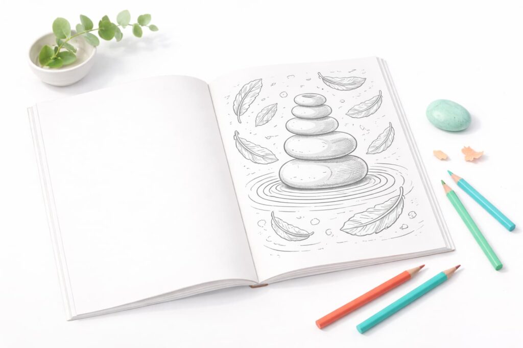 An open coloring book from Medeea Publishing featuring a zen stone stack and feathers, used for practicing Mindfulness Techniques for Anxiety, surrounded by colored pencils on a clean white surface.
