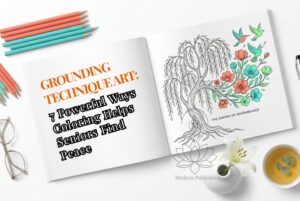 op-down professional photography of a person’s hands practicing grounding technique art by coloring a detailed floral heart in a Medeea Publishing book; the scene includes a minimalist ceramic cup, drafting pencils, and designer glasses on a bright, seamless white background.