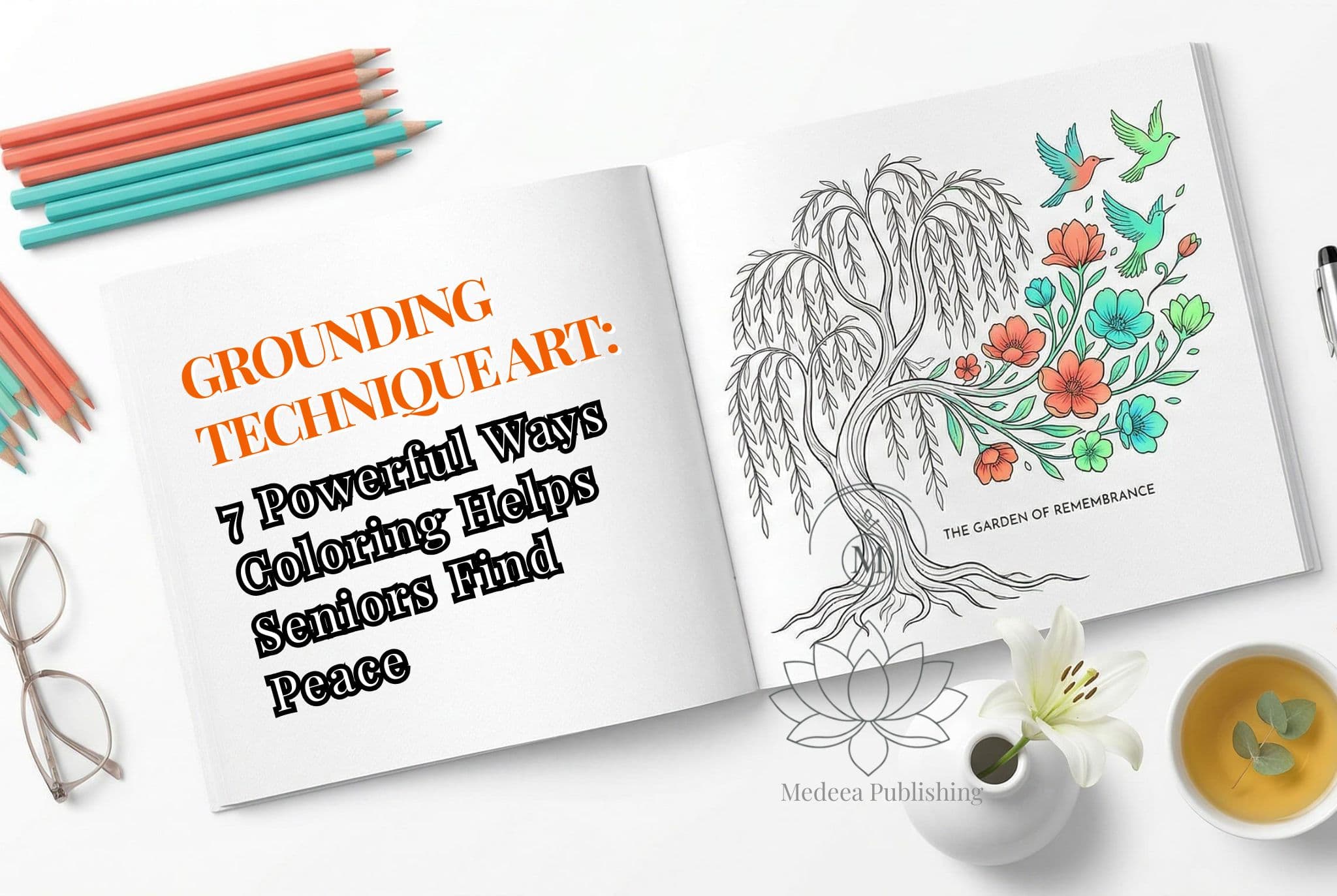op-down professional photography of a person’s hands practicing grounding technique art by coloring a detailed floral heart in a Medeea Publishing book; the scene includes a minimalist ceramic cup, drafting pencils, and designer glasses on a bright, seamless white background.