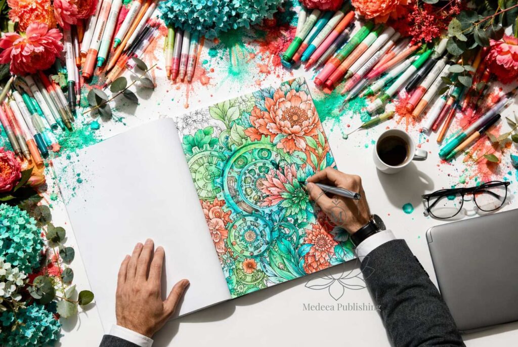 A serene, professional scene of a creative workspace where mindful coloring for anxiety is being practiced; hands are adding vibrant coral shades to a Medeea Publishing illustration, with soft natural lighting, a luxury watch, and art supplies neatly arranged on a white surface.