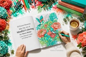 High-angle professional shot of a person practicing Mindful Coloring for Stress Relief; hands are shown coloring an intricate floral heart pattern in a Medeea Publishing book using vibrant pencils, with a minimalist white tea cup and glasses on a clean, bright background.