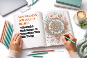 A sophisticated, professional flat lay of a teacher practicing mindfulness for anxiety relief; hands are shown coloring a heart-shaped lily design in a Medeea Publishing book, featuring a white espresso cup, elegant glasses, and professional art pencils on a seamless white background.