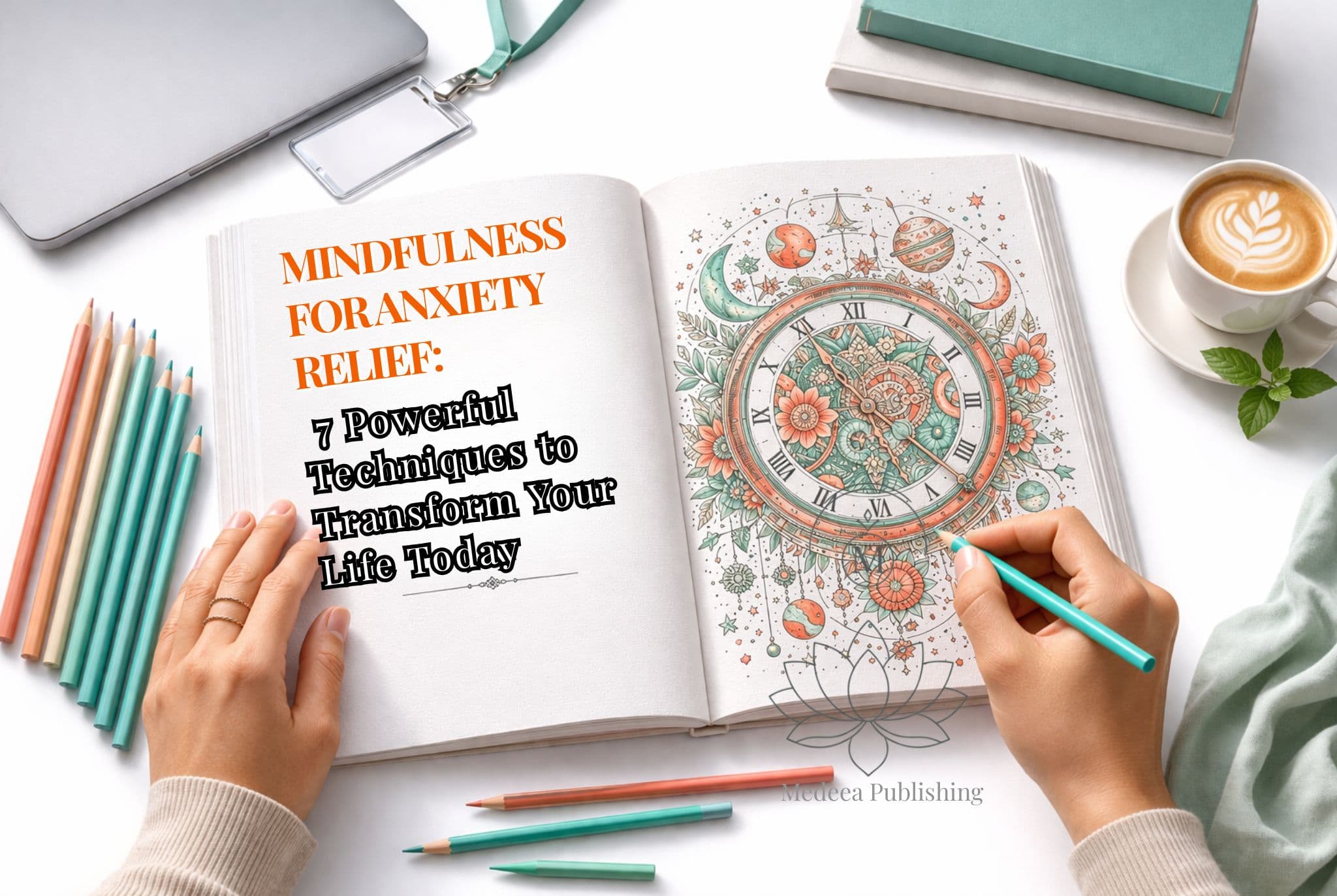 A sophisticated, professional flat lay of a teacher practicing mindfulness for anxiety relief; hands are shown coloring a heart-shaped lily design in a Medeea Publishing book, featuring a white espresso cup, elegant glasses, and professional art pencils on a seamless white background.