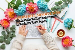 A professional educator’s hands practicing mindfulness for anxiety relief by coloring a floral heart illustration. The flat lay includes a minimalist white espresso cup, designer glasses, and professional aqua pencils, all set on an immaculate, bright white background.