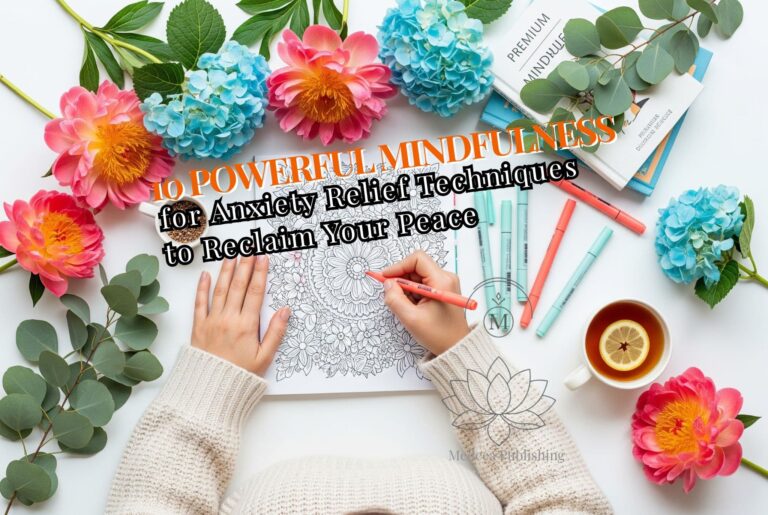 A professional educator’s hands practicing mindfulness for anxiety relief by coloring a floral heart illustration. The flat lay includes a minimalist white espresso cup, designer glasses, and professional aqua pencils, all set on an immaculate, bright white background.