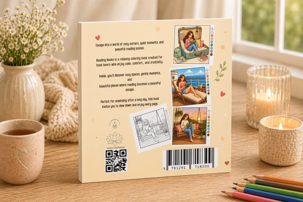 Reading nook coloring book back cover with cozy scenes previews and barcode