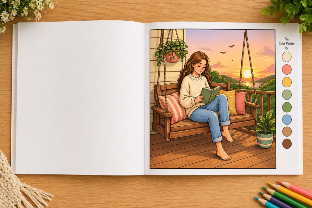 Reading nook coloring book page with cozy sunset reading scene and color palette circles