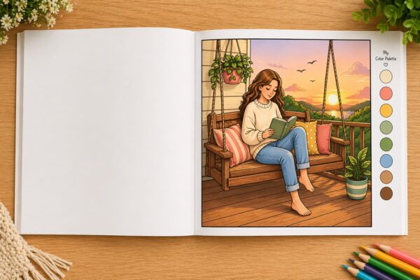 Reading nook coloring book page with cozy sunset reading scene and color palette circles