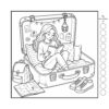 Reading nook coloring book black and white page with cozy suitcase reading scene and color palette circles