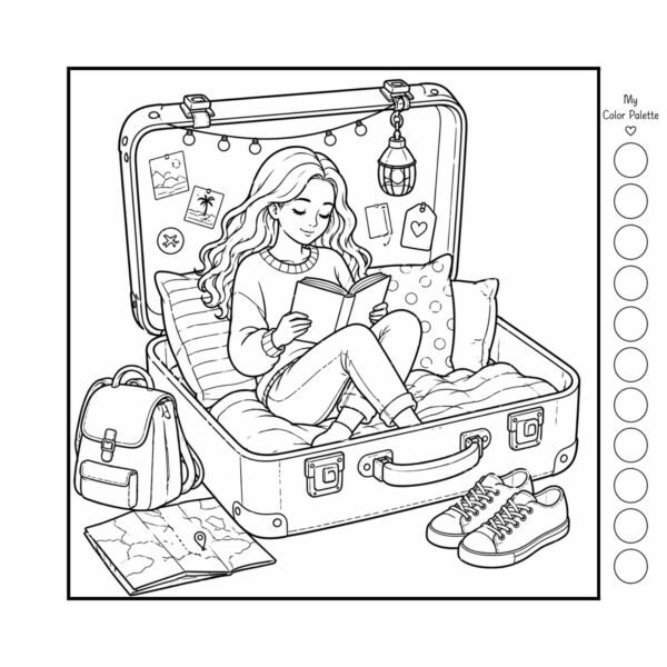 Reading nook coloring book black and white page with cozy suitcase reading scene and color palette circles