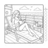 Reading nook coloring book black and white page with woman reading on cruise deck and color palette circles
