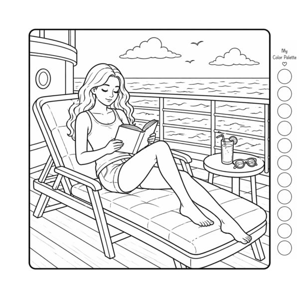 Reading nook coloring book black and white page with woman reading on cruise deck and color palette circles