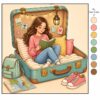 Reading nook coloring book page with cozy suitcase reading scene and color palette circles