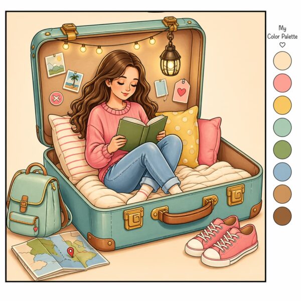 Reading nook coloring book page with cozy suitcase reading scene and color palette circles