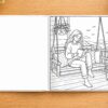 Reading nook coloring book page with cozy swing reading scene and color palette circles