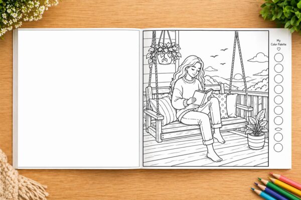 Reading nook coloring book page with cozy swing reading scene and color palette circles