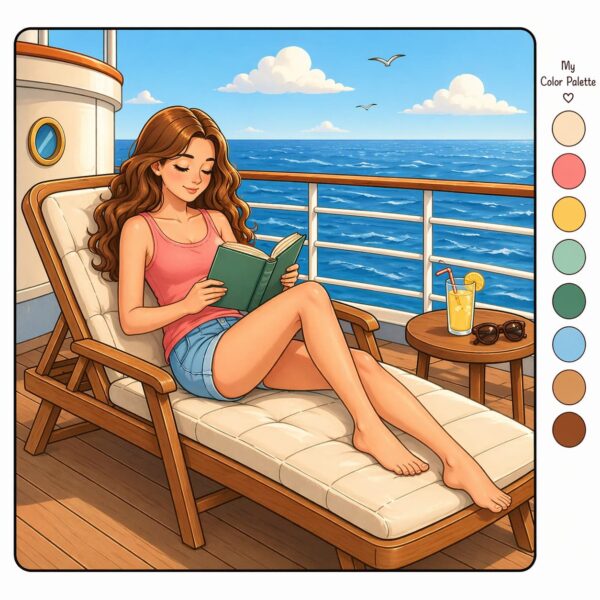 Reading nook coloring book page with woman reading on cruise deck by the ocean and color palette