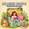 Reading nook coloring book cover with cozy suitcase reading scene for adults