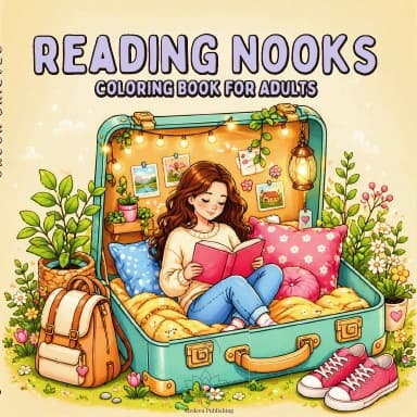 Reading nook coloring book cover with cozy suitcase reading scene for adults