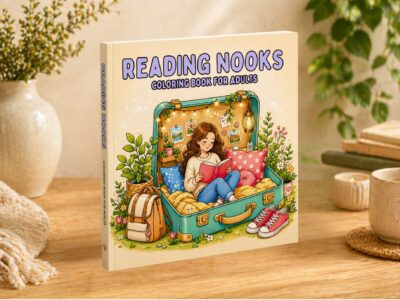 Reading nook coloring book cover featuring a cozy suitcase reading scene for relaxation