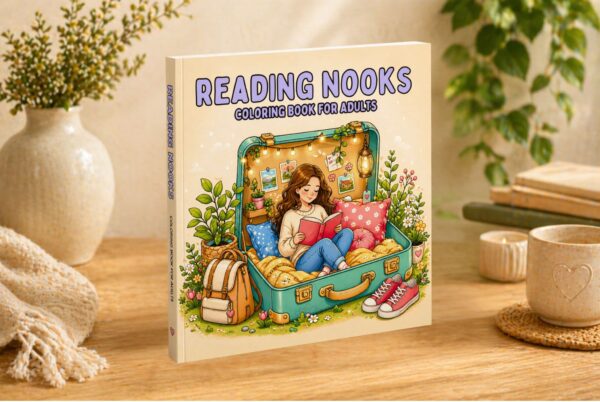 Reading nook coloring book cover featuring a cozy suitcase reading scene for relaxation