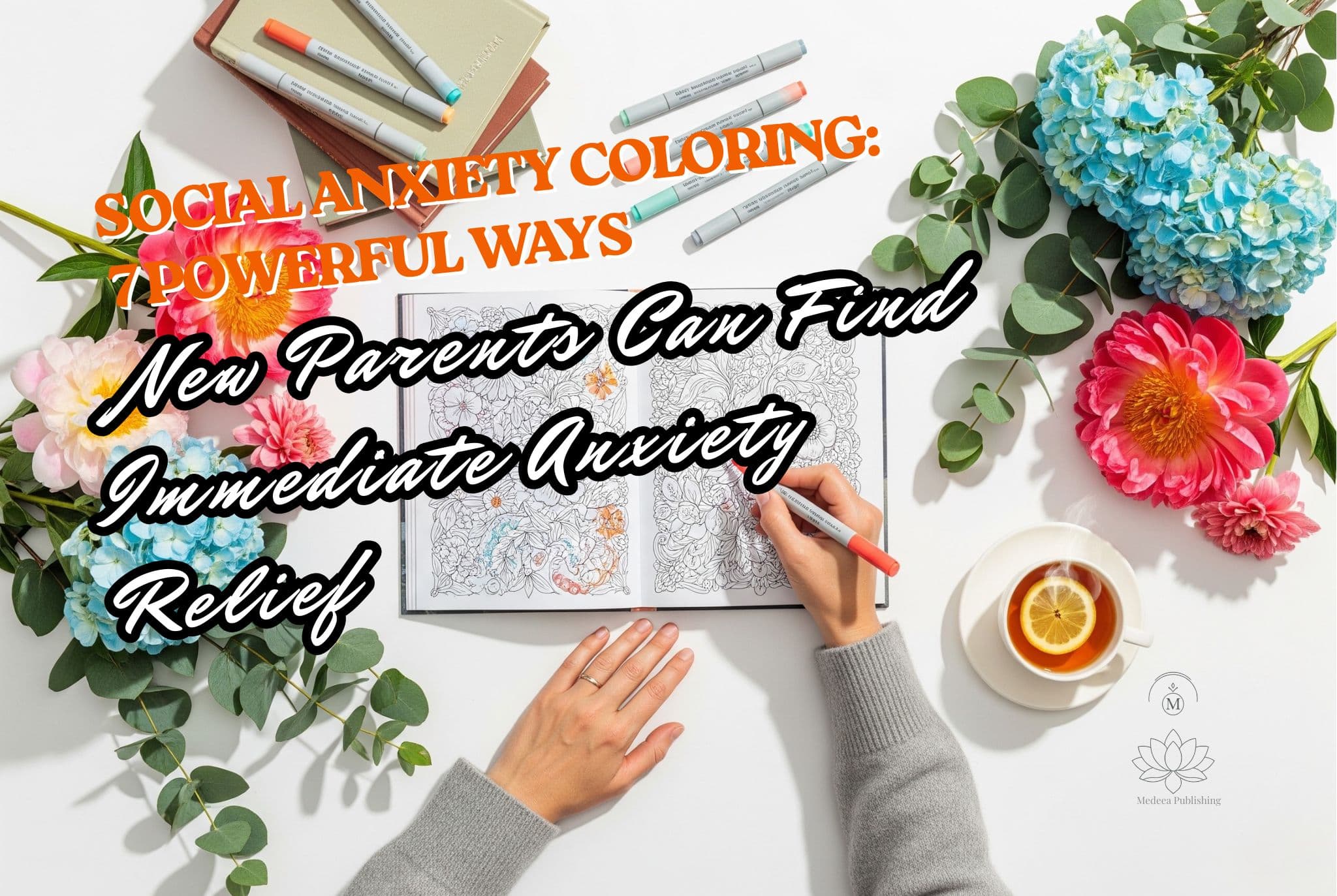 A professional top-down flat lay showing a person engaged in social anxiety coloring with a Medeea Publishing book. The scene includes an intricate floral design, designer glasses, a minimalist cup of tea, and artist pencils, symbolizing a calm, grounding creative break.
