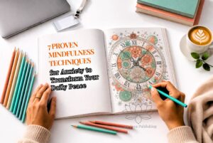A professional, high-end flat lay of an adult practicing mindfulness techniques for anxiety; hands are shown coloring a detailed heart-shaped floral design in a Medeea Publishing book, surrounded by a cup of tea, elegant glasses, and art pencils on a clean white background.